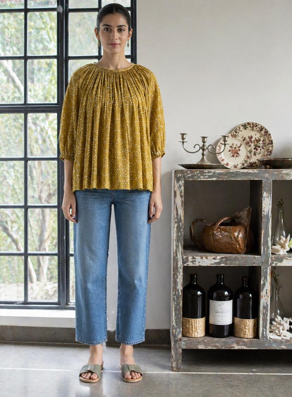 OLIVE DOT GATHER TOP