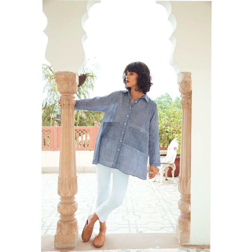 INDIGO GINGHAM OVERSIZED SHIRT (Shirt-White & Indigo) - Tokree Shop Jaipur