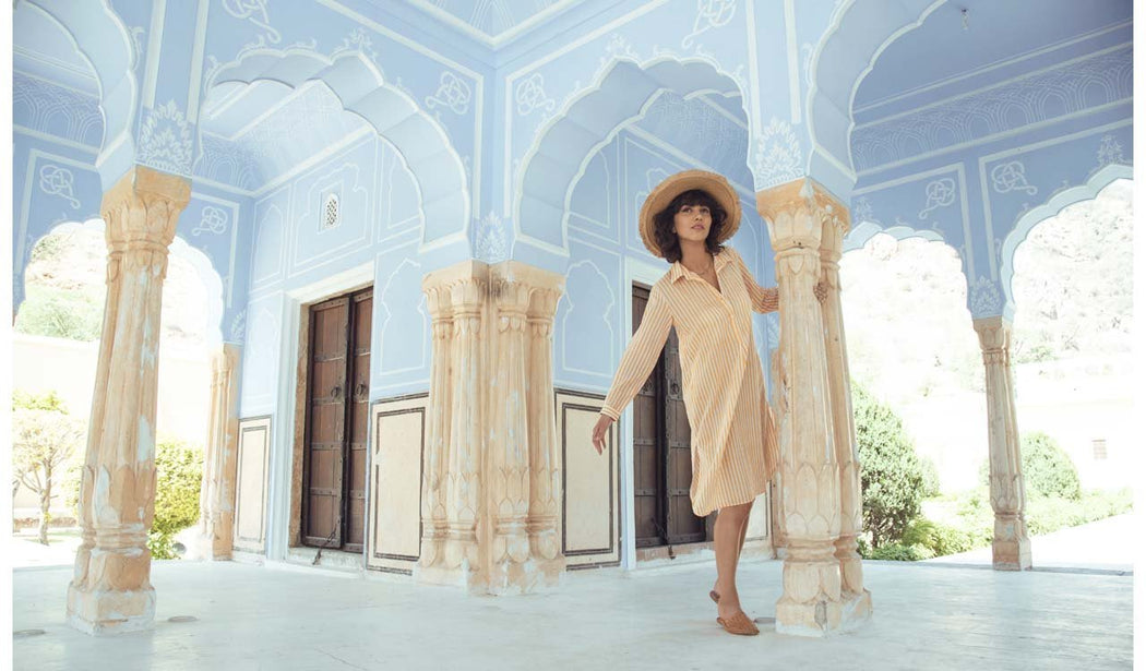 MANGUE PINSTRIPE SHIFT DRESS (Dress-White & Mangue) - Tokree Shop Jaipur
