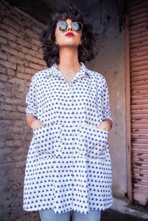 OVERSIZED INDIGO SPLOTCH OVERSIZED SHIRT (Shirt-White & Indigo) - Tokree Shop Jaipur