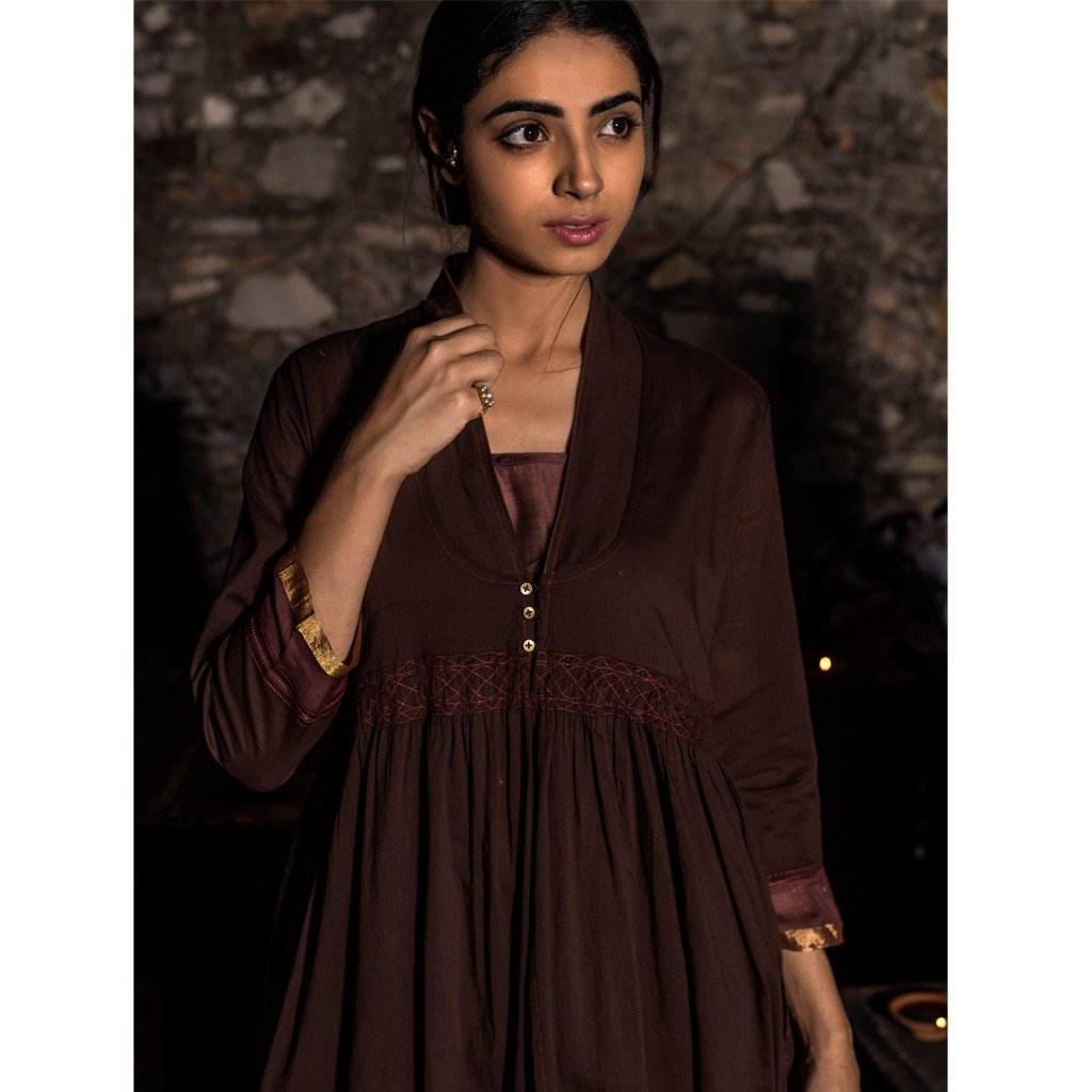 LIGHT BROWN - COTTON EMBROIDERY KURTI WITH BOTTOM SUIT